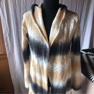 Elan Ombré open front cardigan with hoodie tan and charcoal stripe size L